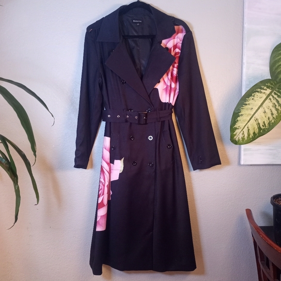 Maraval Silky Black Pink Rose Floral Bohemian Belted Classic Trench Coat Dress M - Picture 2 of 11